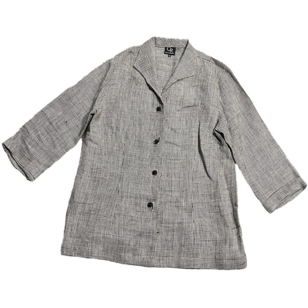 Connie Roberson Linen Plaid Button Up Shirt Womens Size XS USA Made White Brown